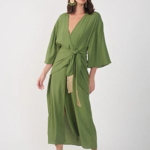 V Neck Wrap Long Sleeve Midi Dress